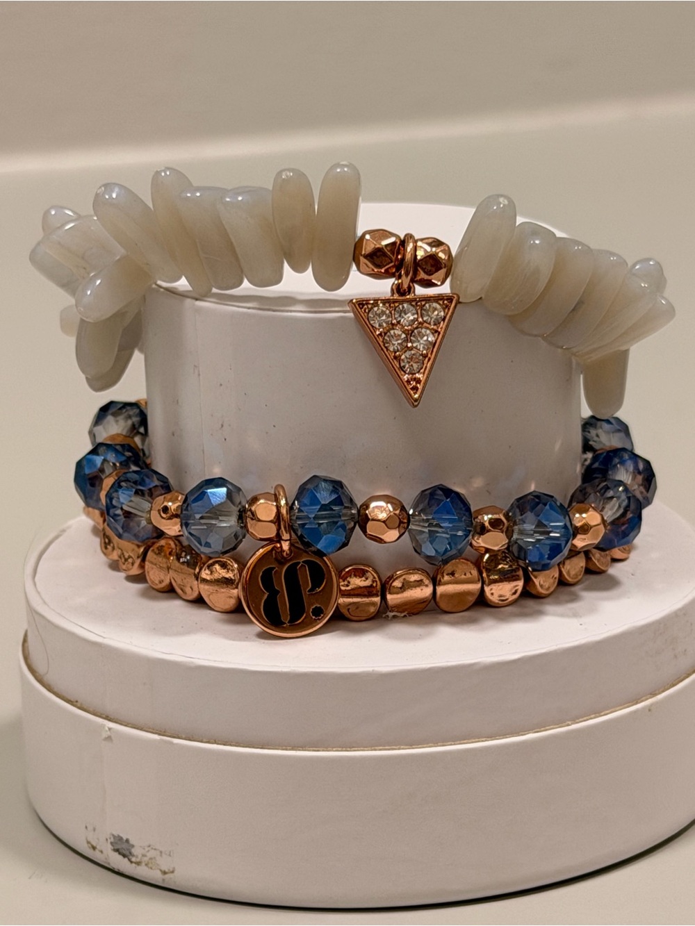 Bomb Party NWT! White and Blue Bracelet Set with Rose Gold “Bermuda Triangle”